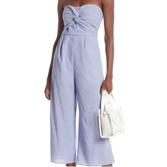 Everly Striped Strapless Bow Front Jumpsuit - Picture 1 of 8